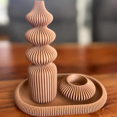 3-teiliges Japandi Deko-Set mit Vase, Tablett und LED-Kerzenhalter