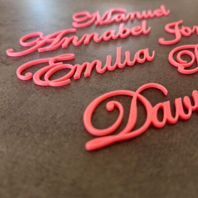 Verschnörkelte Namensschilder in Edwardian Script in Pink als Platzkarte