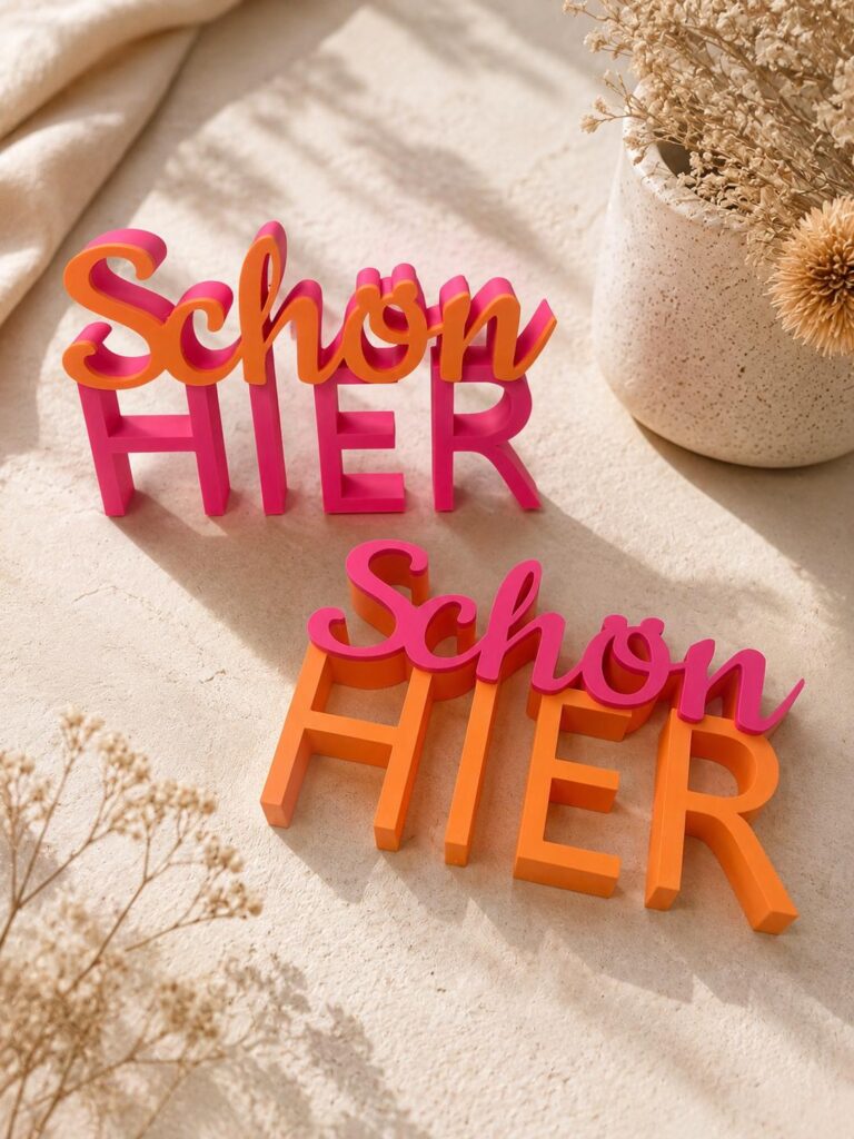 Zweifarbiger 3D-Schriftzug „Schön hier“ in Pink und Orange